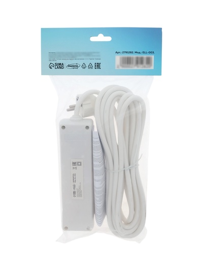 Удлинитель Luazon Lighting, 3 розетки, 5 м, 6 А, 1300 Вт, 3×0.75 мм2, с заземлением, с выключателем, белый