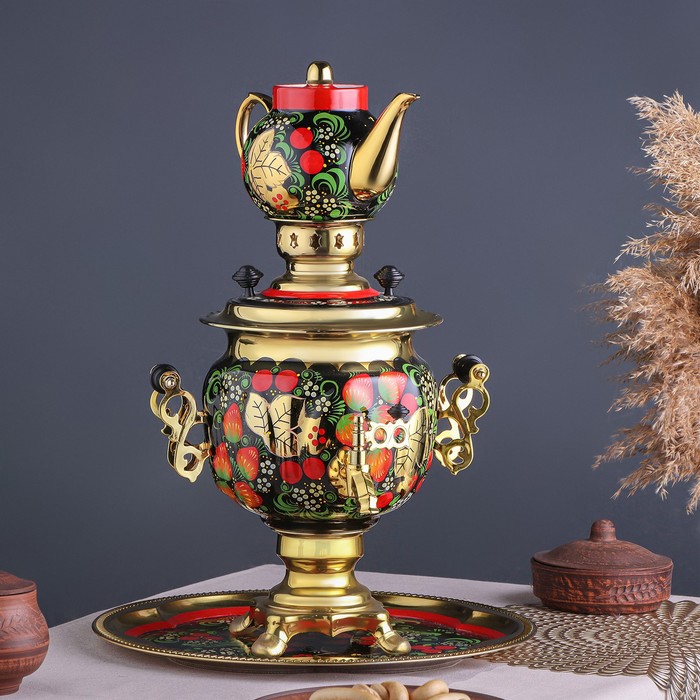 Набор посуды «Хохлома», 3 предмета: самовар 3 л, заварочный чайник 0.7 л, поднос - Фото 1