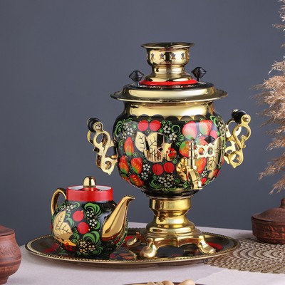 Набор посуды «Хохлома», 3 предмета: самовар 3 л, заварочный чайник 0.7 л, поднос