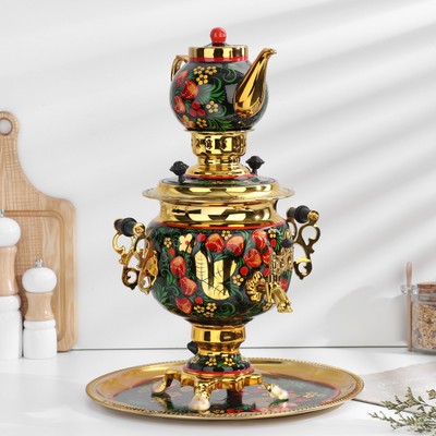 Набор посуды «Хохлома», 3 предмета: самовар 3 л, заварочный чайник 0.7 л, поднос