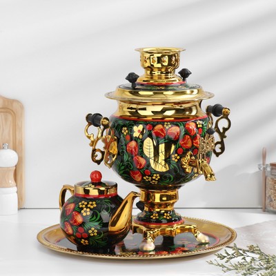 Набор посуды «Хохлома», 3 предмета: самовар 3 л, заварочный чайник 0.7 л, поднос