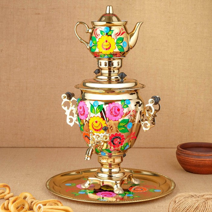 Набор «Цветы на золотом», жёлудь, 3 предмета, самовар 3 л, заварочный чайник 0,7 л, поднос - фото 1906930683