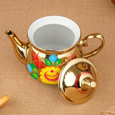 Набор посуды «Цветы на золотом», 3 предмета: самовар 3 л, заварочный чайник 0.7 л, поднос