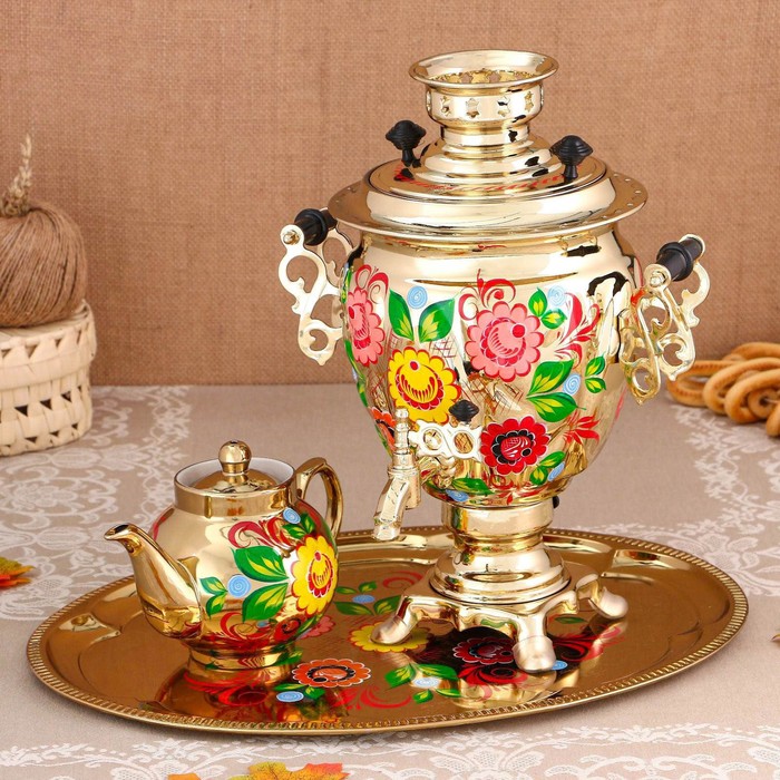 Набор «Цветы на золотом», жёлудь, 3 предмета, самовар 3 л, заварочный чайник 0,7 л, поднос - фото 1886313666