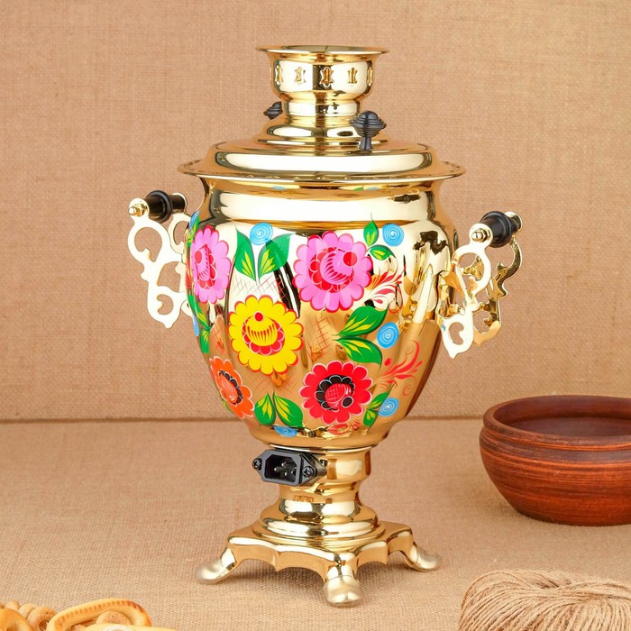 Набор «Цветы на золотом», жёлудь, 3 предмета, самовар 3 л, заварочный чайник 0,7 л, поднос - фото 1906930685