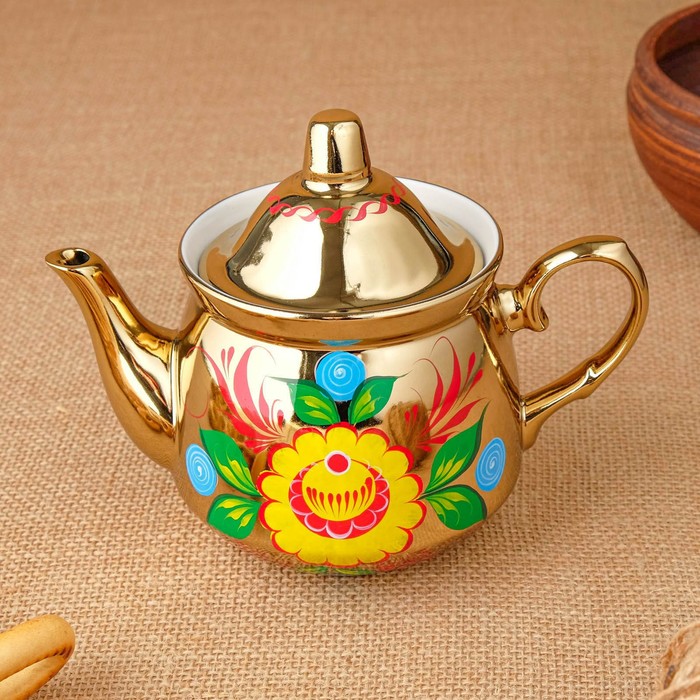 Набор «Цветы на золотом», жёлудь, 3 предмета, самовар 3 л, заварочный чайник 0,7 л, поднос - фото 1906930691