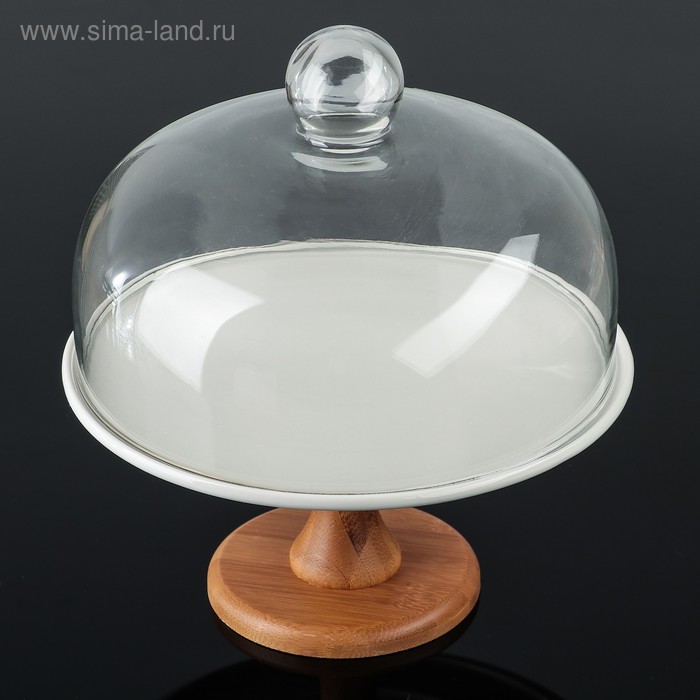 Подставка для десертов с клош крышкой на деревянной ножке «Эстет», d=24.5 см, керамика, белая - Фото 1