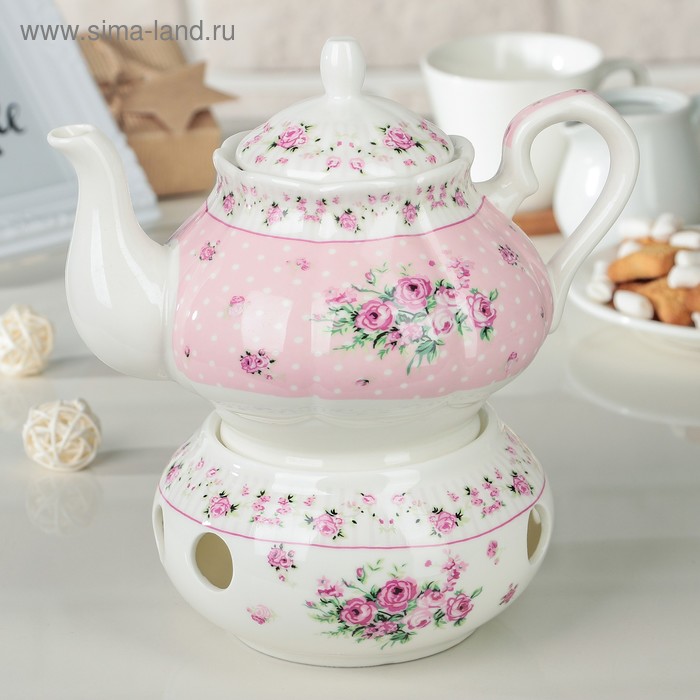 Чайник заварочный 900 мл Рондо", подставка для подогрева 13,5 см, цвет розовый - Фото 1