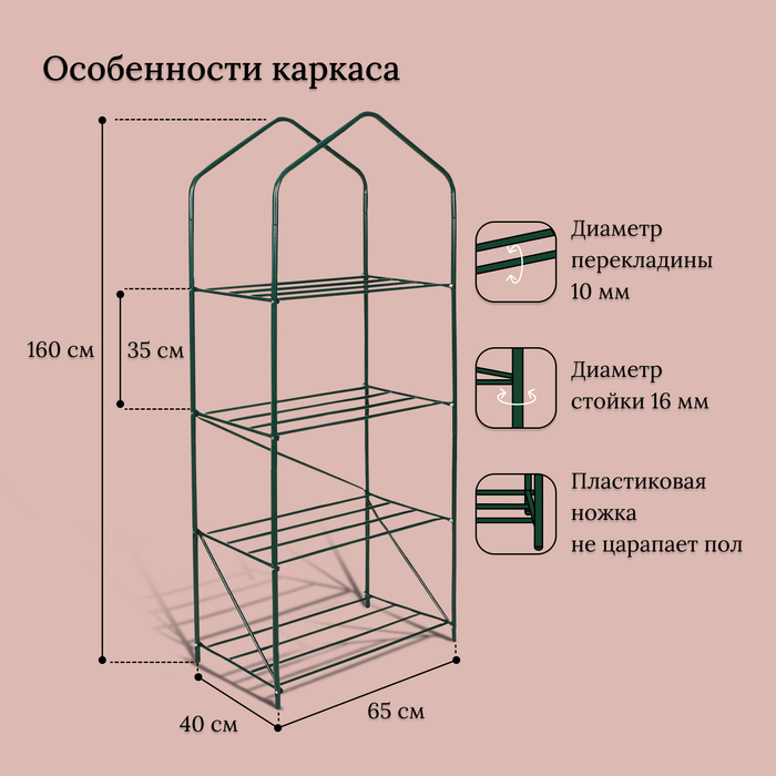 Парник-стеллаж, 4 полки, 160 × 65 × 40 см, металлический каркас d = 16 мм, чехол из спанбонда 60 г/м² - фото 1883375709