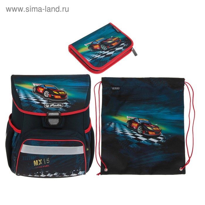 Ранец на замке Herlitz Loop Plus 37х31х24 см см, для мальчиков Super Racer + пенал 16 предметов, косметичка, мешок - Фото 1