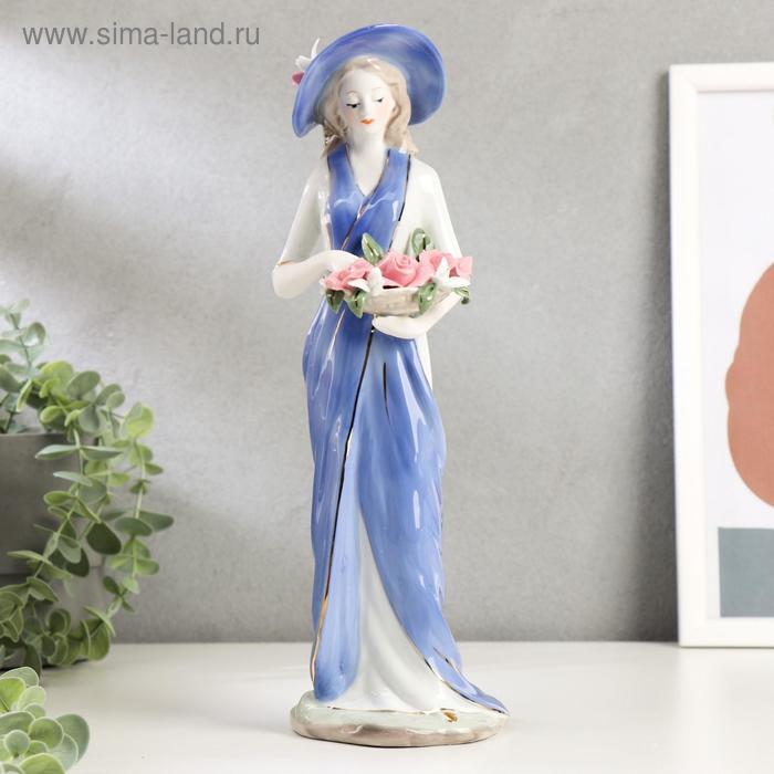 Сувенир керамика "Девушка в голубом платье и в шляпе с розами в руках" 30,5х11х10 см - Фото 1