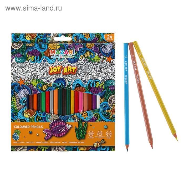 Карандаши 24 цвета Mazari Joy Art, грифель 2.6 мм, пластиковые, шестигранные, европодвес - Фото 1