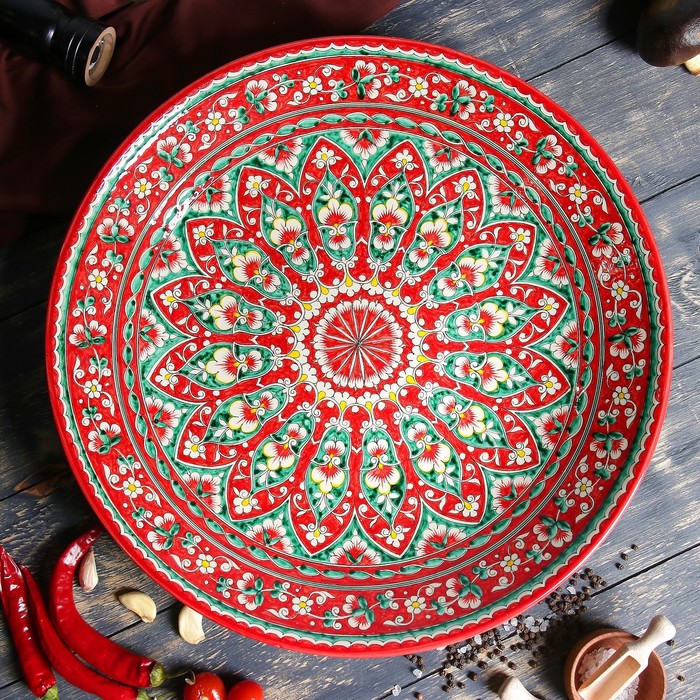 Ляган Риштанская Керамика "Цветы", 41 см, красный - фото 1905482859
