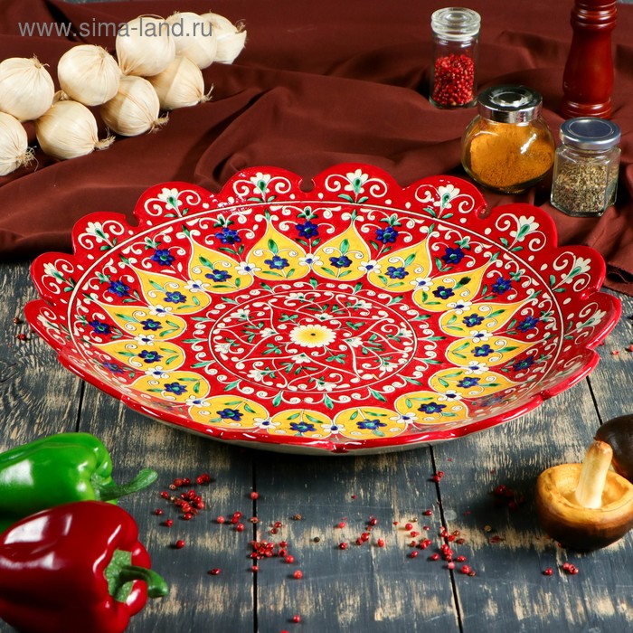 Ляган Риштанская Керамика "Цветы", 42 см, красный, рифлённый - Фото 1