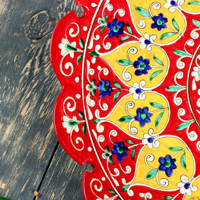 Ляган Риштанская Керамика "Цветы", 42 см, красный, рифлённый - фото 1905482890