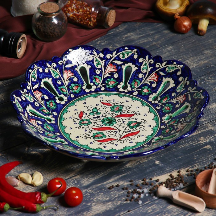 Фруктовница Риштанская Керамика "Цветы", 33 см, синяя