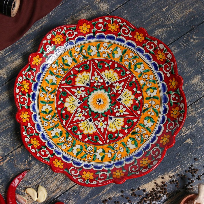 Ляган Риштанская Керамика "Цветы", 32 см, красный, рифлённый - фото 1905482909