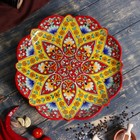 Ляган Риштанская Керамика "Цветы", 32 см, красный, рифлённый - фото 4246096