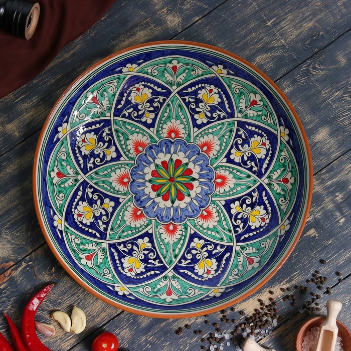 Ляган Риштанская Керамика "Цветы", 32 см, синий - фото 1905483023