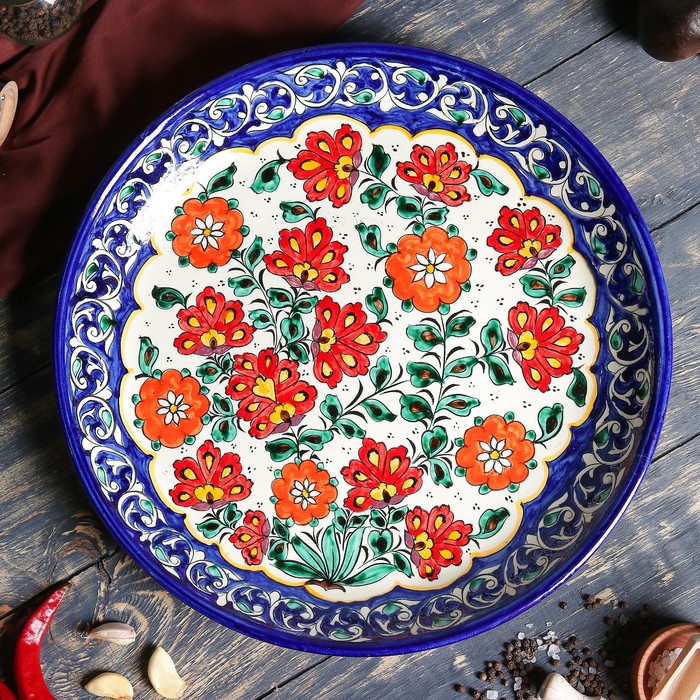 Ляган Риштанская Керамика "Цветы", 37 см, синий - фото 1905483036