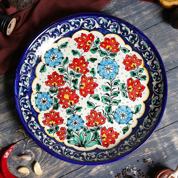 Ляган Риштанская Керамика "Цветы", 37 см, синий - фото 1905483039