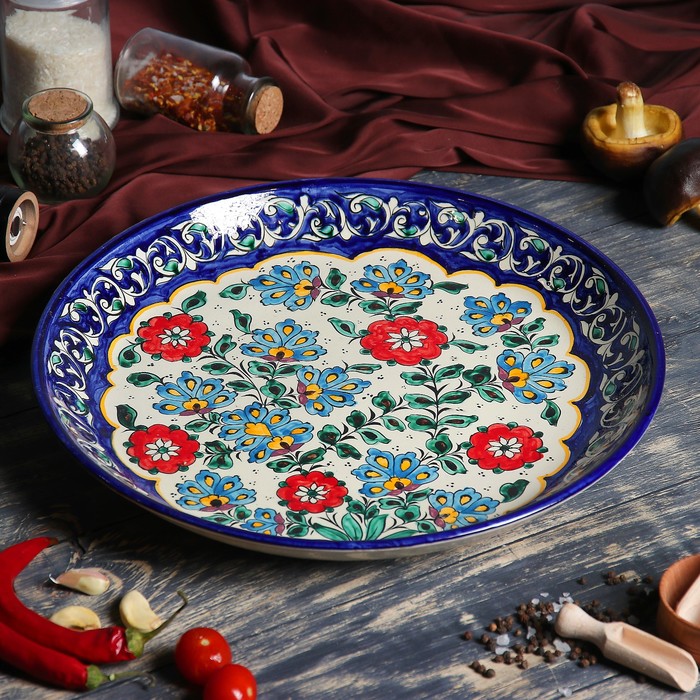 Ляган Риштанская Керамика "Цветы", 37 см, синий - фото 1905483041