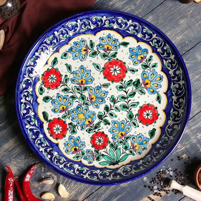 Ляган Риштанская Керамика "Цветы", 37 см, синий - фото 1905483042