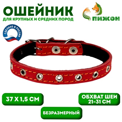 Ошейник кожаный на синтепоне, безразмерный, 37 х 1,5 см, ОШ 21-31 см, красный