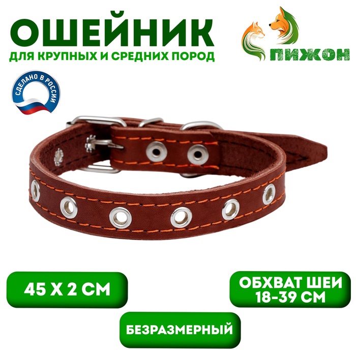 Ошейник кожаный однослойный безразмерный, 45×2 см, ОШ 18-39 см, коричневый - Фото 1
