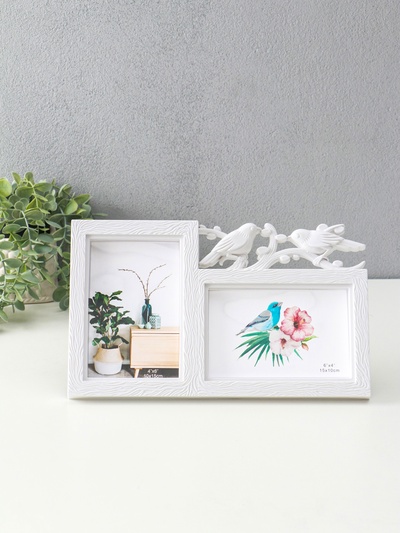 Фоторамка - коллаж на 2 фото 10×15 см «Птицы на веточке», пластик, белая, 17.5×29.5 см