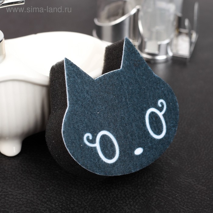 Губка для мытья посуды со скрабером 10×9×3 см "Кот" - Фото 1