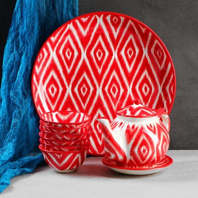 Набор чайный Шафран «Риштанская керамика», 9 предметов: чайник 800 мл, пиалы 6 шт. 300-500 мл, ляган, блюдце, разноцветный