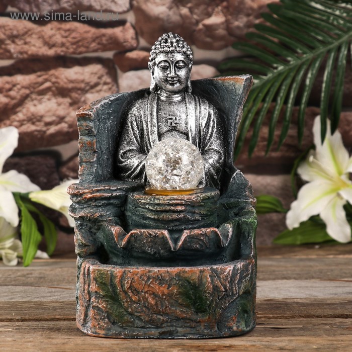Фонтан настольный от сети, подсветка "Медитация Будды" серебро 21,5х16,5х13 см
