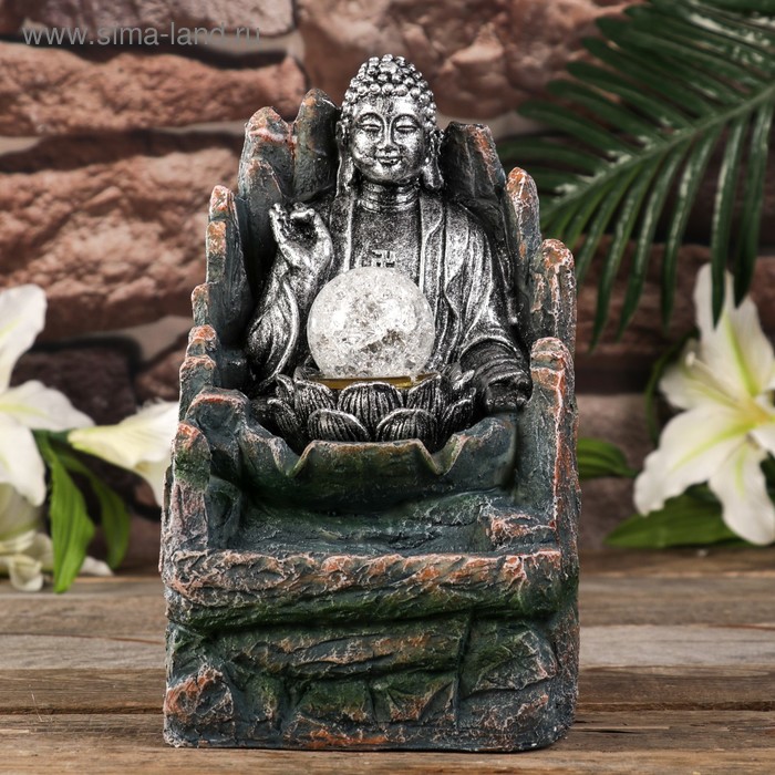 Фонтан настольный от сети, подсветка "Будда с лотосом" серебро 26х15,5х13,5 см