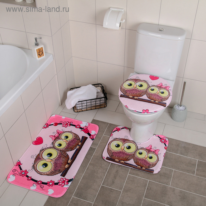 Набор ковриков для ванной и туалета Доляна «Совушки на ветке», 3 шт: 38×45, 40×43, 43×73 см, цвет розовый - Фото 1