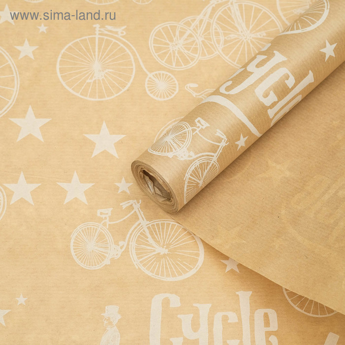 Бумага упаковочная крафт "Велосипеды белые", 0.6 x 10 м, 40 г/м² - Фото 1