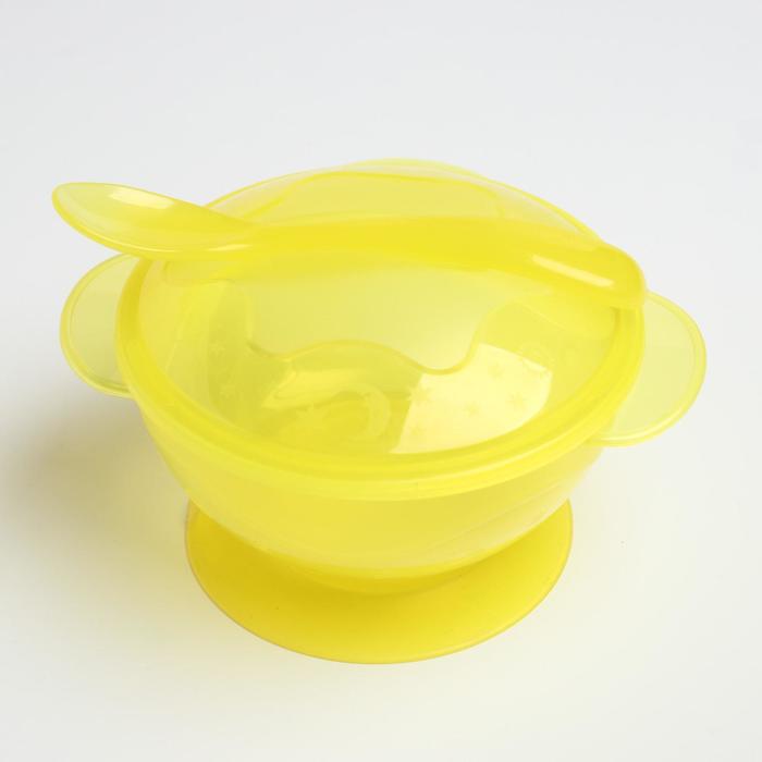 Набор детской посуды, 3 предмета: миска на присоске 330 мл, крышка, ложка, от 5 мес., цвета МИКС - фото 1906933207