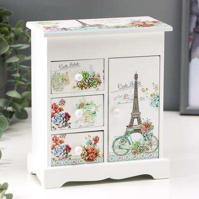 Шкатулка для украшений «Велосипед с цветами у Эйфелевой башни», с ящиками, дерево, 18.5×16×8 см