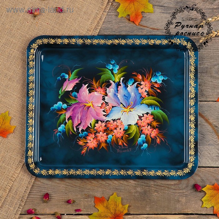 Поднос «Цветы», синий фон, 36х30 см, ручная роспись - Фото 1