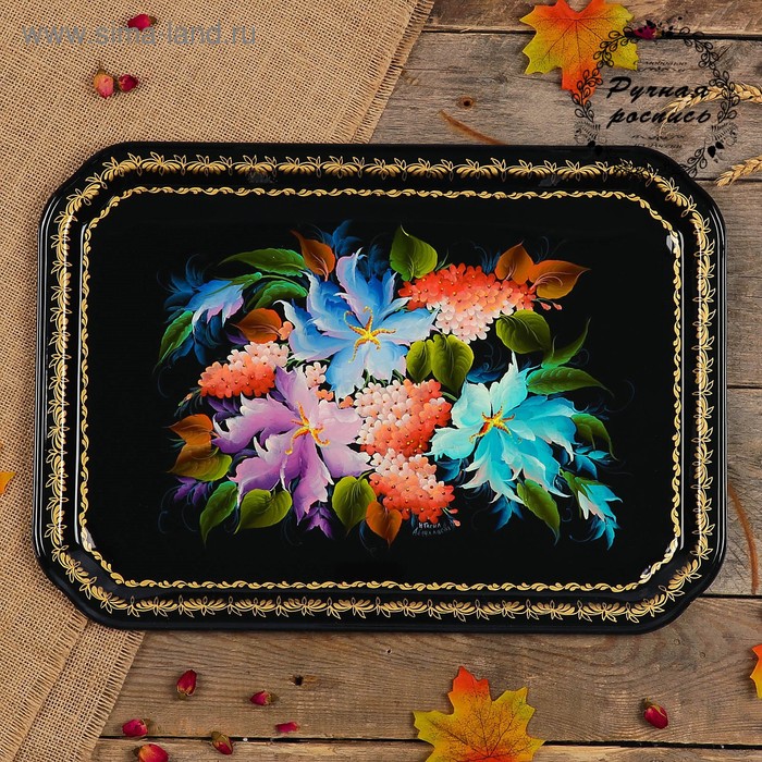 Поднос «Цветы», чёрный фон, 45х32 см, ручная роспись - Фото 1