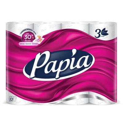 Туалетная бумага белая «Papia» 3 слоя, 12 рулонов