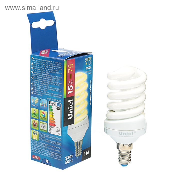 Лампа энергосберегающая Uniel, Е14, 15 Вт, свет тёплый белый - Фото 1