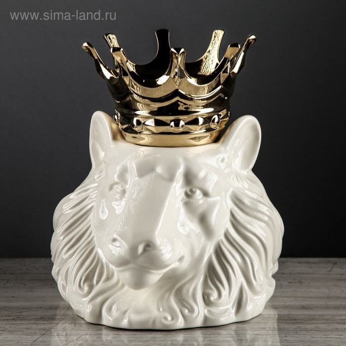 Ваза керамическая "Голова льва с короной", настольная, белая, золотая корона, 27 см - Фото 1
