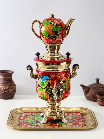 Набор посуды «Рябина», 3 предмета: самовар 3 л, заварочный чайник 0.7 л, поднос