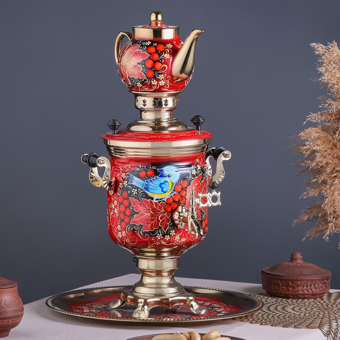 Набор посуды «Рябина», 3 предмета: самовар 3 л, заварочный чайник 0.7 л, поднос - Фото 1