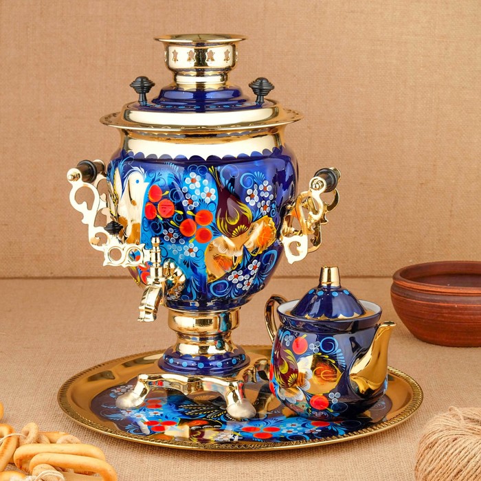 Набор посуды «Птица на синем», 3 предмета: самовар 3 л, заварочный чайник 0.7 л, поднос - Фото 1