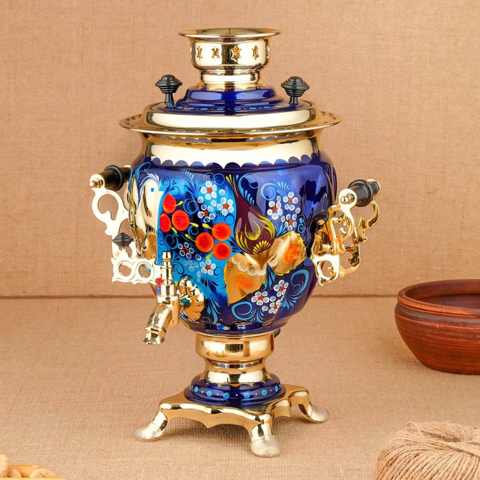 Набор «Птица на синем», жёлудь, 3 предмета, самовар 3 л, заварочный чайник 0,7 л, поднос - фото 1906934365