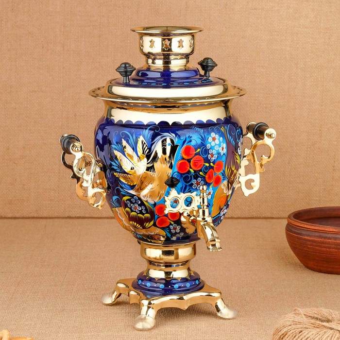 Набор «Птица на синем», жёлудь, 3 предмета, самовар 3 л, заварочный чайник 0,7 л, поднос - фото 1906934366