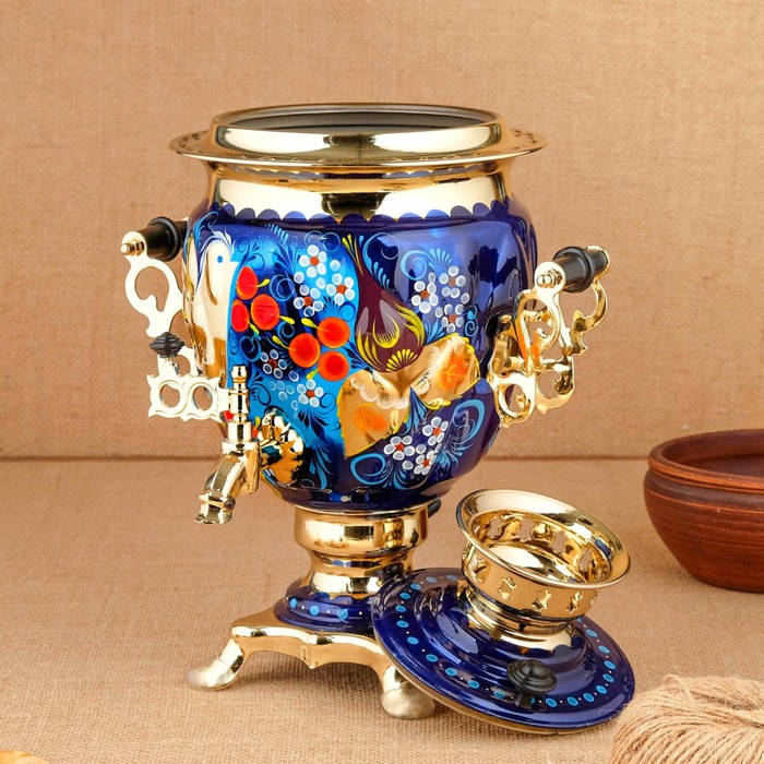 Набор «Птица на синем», жёлудь, 3 предмета, самовар 3 л, заварочный чайник 0,7 л, поднос - фото 1906934370