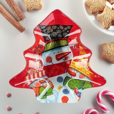 Блюдо стеклянное сервировочное Доляна «Ёлочка. Семья снеговиков», 18×18 см